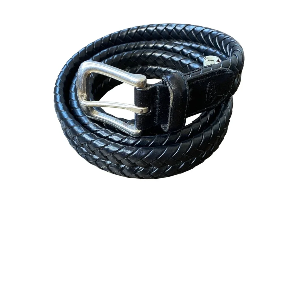 Fossil Mens Black Braided Woven Leather Belt Silver Buckle MB3040001 Size 40